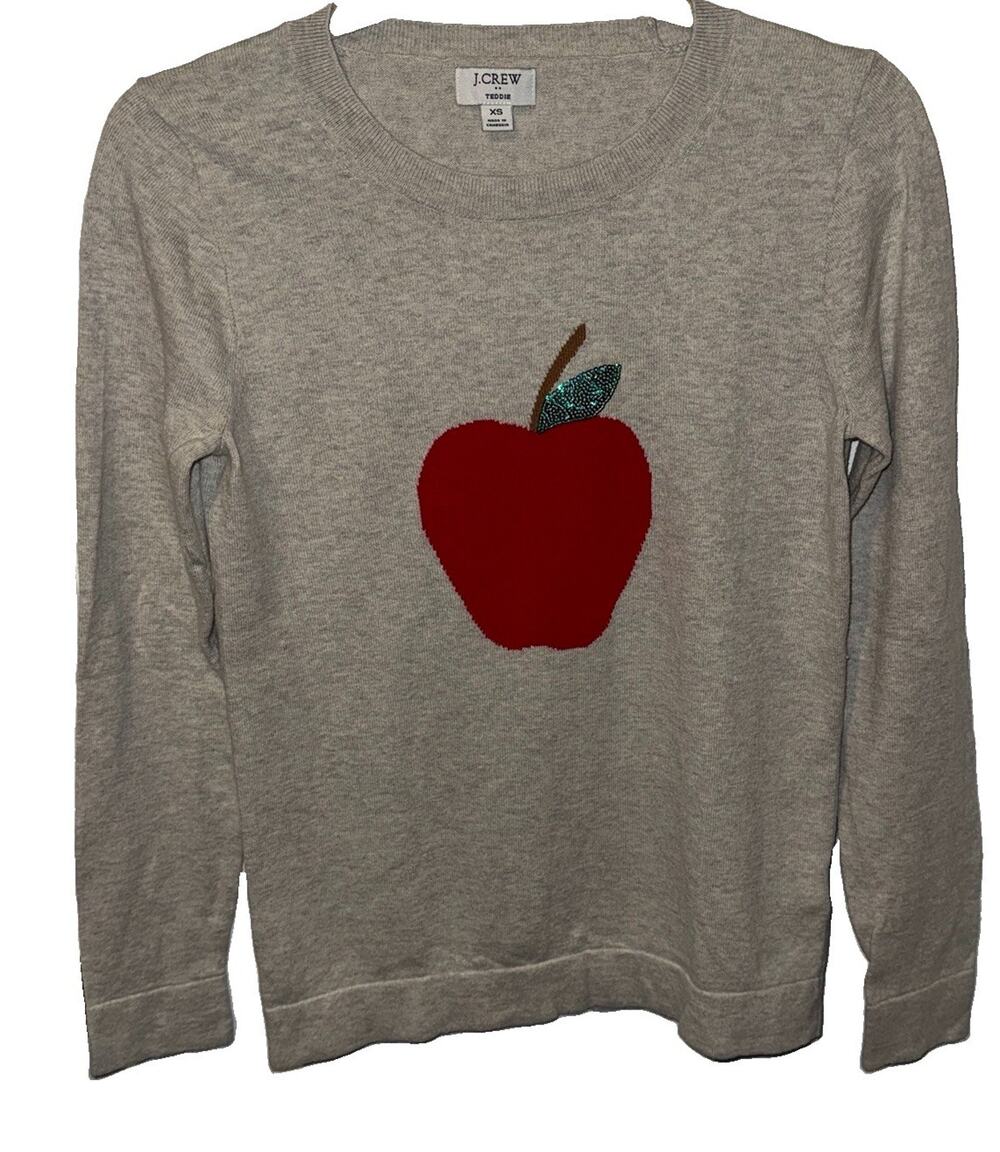 J.CREW Teddie oatmeal Cotton Knit Crewneck Pullover Sweater Beaded Apple XS